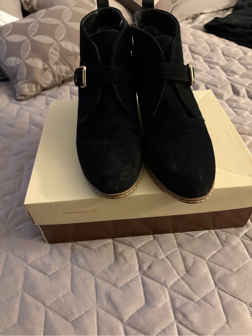Franco Sarto Black Suede Ankle Booties with Buckle Strap